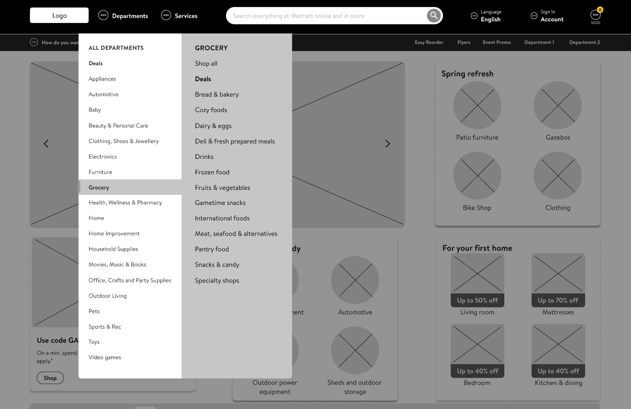 Department Menu Wireframe